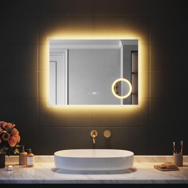 Sirhona - Miroir lumineux de salle de bain 80x60 cm Miroir LEDavec Grossissement 3x, Éclairage Trois Températures, Horloge Numérique et Fonction