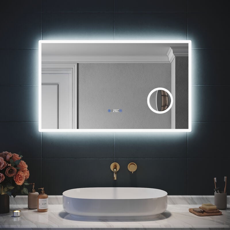 3x loupe Miroir led Salle de Bain avec éclairage, Miroir avec Horloge Numérique, Miroir Lumineux Salle de Bain Anti-Buée, 100x60cm - Sirhona