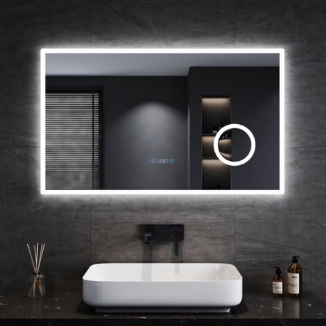SIRHONA Miroir lumineux de salle de bain, miroir LED mural de 100x60 cm anti-buée avec miroir grossissant 3 fois, horloge numérique à LED tricolore