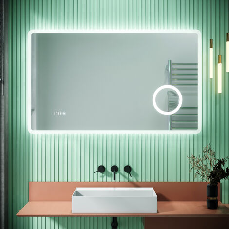SIRHONA Miroir lumineux de salle de bain, miroir LED mural de 80x60 cm anti-buée avec miroir grossissant 3 fois, horloge numérique à LED tricolore