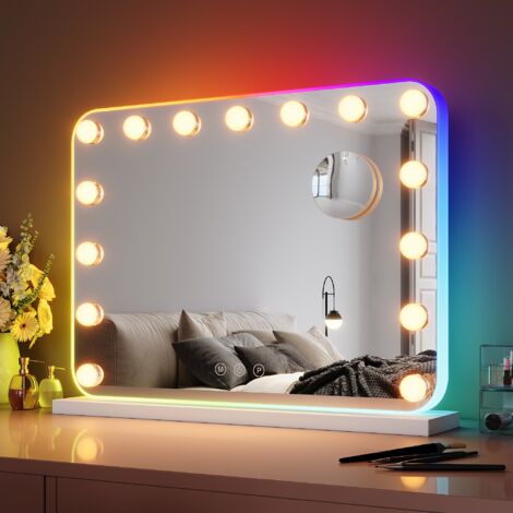 SIRHONA Miroir Mural Miroir Maquillage 58x43cm avec lumière RGB et ampoule LED Miroir Hollywood 3 couleurs luminosité réglable miroir grossissant 10 fois