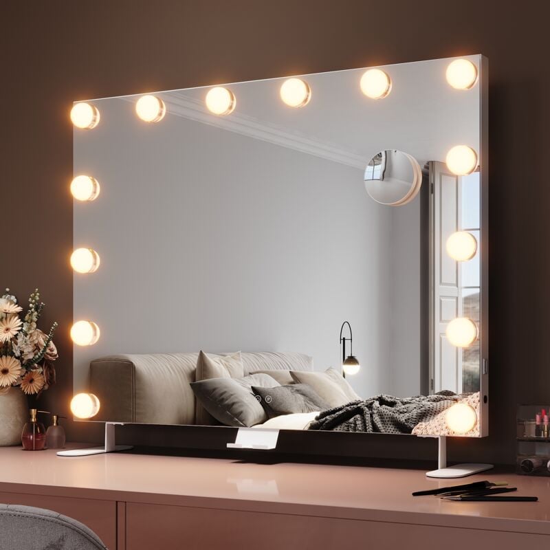 Sirhona - Miroir Mural Miroir Maquillage 80x60cm avec 14 ampoules led Miroir Hollywood 3 couleurs luminosité réglable Miroir grossissant 10X