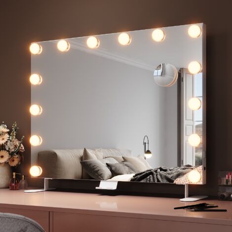 SIRHONA Miroir Mural Miroir Maquillage 80x60cm avec 14 ampoules LED Miroir Hollywood 3 couleurs luminosité réglable Miroir grossissant 10X