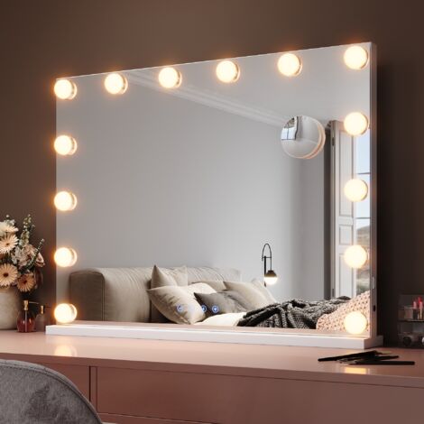 SIRHONA Miroir Mural Miroir Maquillage 80x60cm avec haut-parleur Bluetooth et ampoule LED Mirror Hollywood 3 couleurs luminosité réglable miroir grossissant 10X