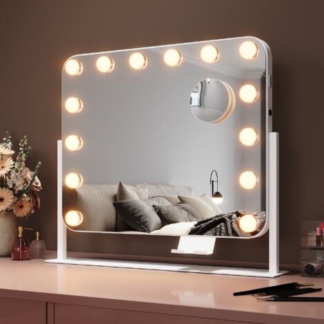 SIRHONA Miroir rotatif à 360° Miroir Maquillage 50x40cm avec 14 ampoules LED Miroir Hollywood 3 couleurs luminosité réglable miroir grossissant 10 fois