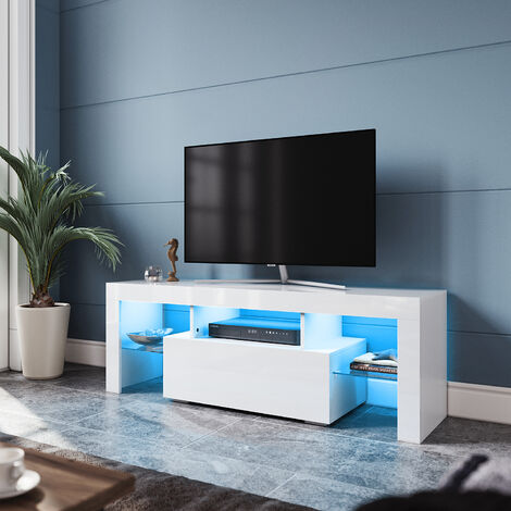 SIRHONA Mueble TV Blanco con Luces 12 Colores,Mesa TV Madera Mueble de Salon con LED Estantes de Cristal y Puerta Abatible 130x45x35 CM