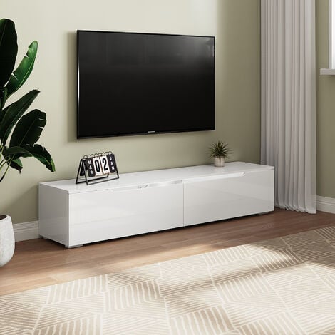 SIRHONA Mueble TV Salón Blanco con Luces LED 12 Colores Mesa TV Madera 160x35x30cm Luz y Mando a Distancia Estante Crsital Puerta Abatible Moderno