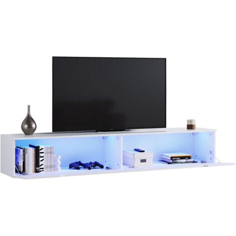 SIRHONA Mueble TV Salón Blanco con Luces LED 12 Colores Mesa TV Madera 180x35x30cm Luz y Mando a Distancia Estante Crsital Puerta Abatible Moderno