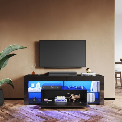 SIRHONA Muebles de Televisión Salón Negro con Luces LED 12 Colores Mesa TV Madera 55 Pulgadas 140cm Luz y Mando a Distancia Estante Crsital Puerta Abatible Moderno