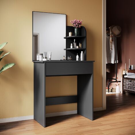 SIRHONA Muebles de Tocador con Espejo Tocadore con 1 cajón y 3 niveles de Almacenamiento Tocador Moderno Mueble de Maquillaje - Negro 70 x 40 x 140cm