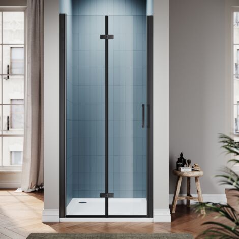 SIRHONA Noir Porte de douche de salle de bain 180° Porte pliante Porte pivotante Cloison de douche 6 mm verre de sécurité trempé 90x195 cm Porte magnétique design
