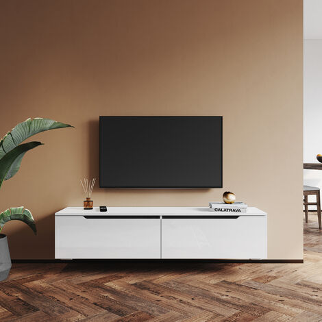 SIRHONA Panneau TV avec éclairage LED Suspension Blanc brillant 140 cm Moderne 2 inclinaisons