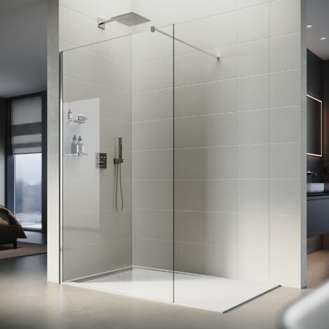 SIRHONA Paroi de douche à l’italienne 100 x 200 cm en verre transparent 8mm avec 2 étagères en verre de 8 mm et une barre de stabilisation 100 cm