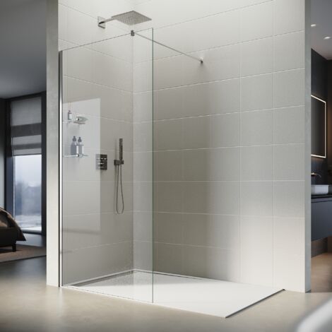 SIRHONA Paroi de douche à l’italienne 80 x 200 cm en verre transparent 8mm avec 2 étagères en verre de 8 mm et une barre de stabilisation 100 cm