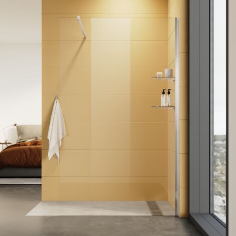 SIRHONA Paroi de Douche à l'italienne Réglable 120 x 200 cm Verre 8mm anticalcaire Transparent avec 2 étagères en verre et une Barre de Stabilisation 100 cm