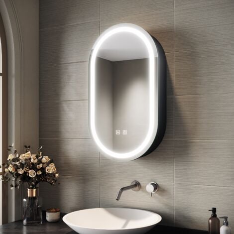 SIRHONA Specchi luminosi per bagno Armadio a specchio ovale a LED con presa per rasoio 40×70cm Funzione antiappannamento e 3 modalità di illuminazione