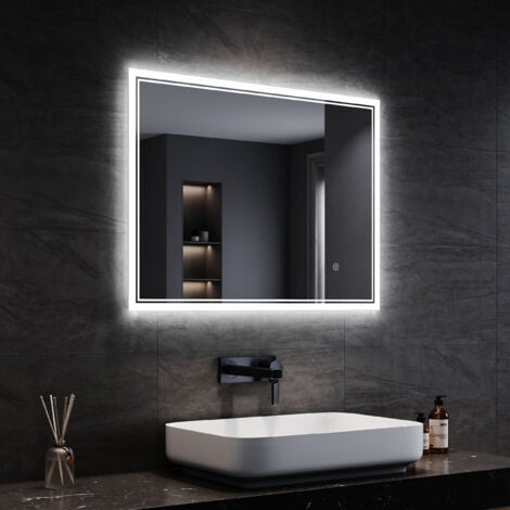 SIRHONA Specchio da Bagno 80x60cm Illuminato a LED Specchio da Bagno Antiappannamento