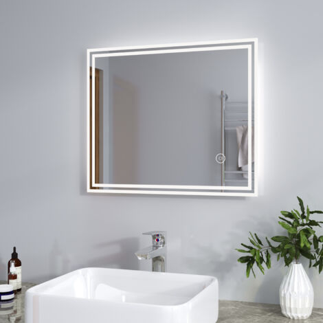 SIRHONA Specchio da Bagno a LED 60x50cm da Muro Specchio Parete con Interruttore Touch Specchio da Parete Moderno Rettangolo Impermeabile IP44