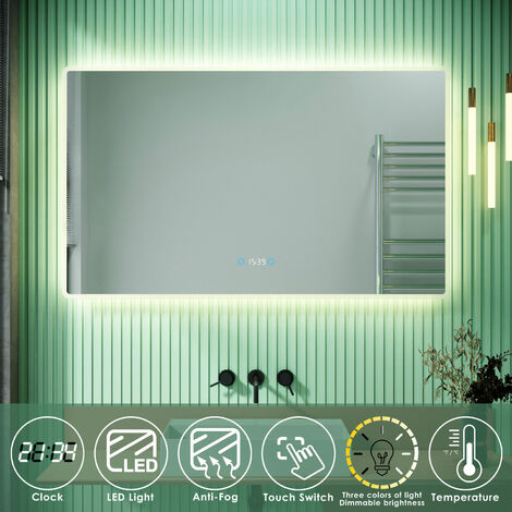SIRHONA Specchio da Bagno Antiappannamento 100 x 60 cm con Illuminazione a LED Interruttore Tattile e Visualizza ora e temperatura Specchi da Parete Cosmetici a LED Impermeabile IP44