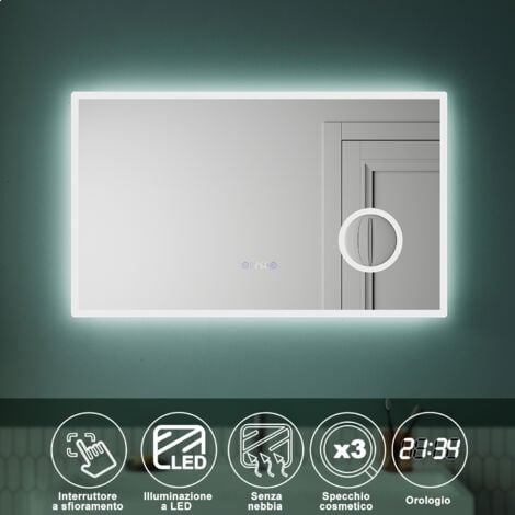 SIRHONA Specchio da Bagno Illuminato, 100x60 cm, Orologio Digitale a LED Tricolore, Specchio da Parete a LED Antiappannamento, Ingrandimento 3x