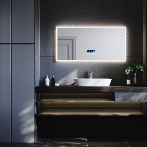 SIRHONA Specchio da bagno led touch 120x60 Orologio Bluetooth Specchio da bagno con illuminazione 120 cm