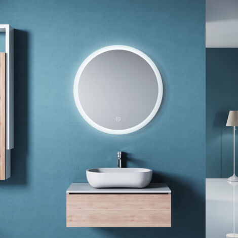 SIRHONA Specchio da trucco Rotondo con Sensore touch a LED, Antiappannamento e Antipolvere, Specchio da Bagno 80x80 cm