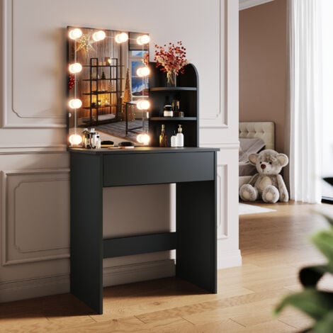 SIRHONA Tavolo per Cosmetici con Specchio e cassetti Toeletta Vanity Toeletta con Luce per il Trucco 3 Modalità di Illuminazione Moderno Mobile da Trucco - Nero 70 x 40 x 140cm