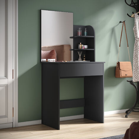 SIRHONA Tocador con Espejo Mesa de Maquillaje 70 x 40 x 140cm con 1 Cajones y 3 Compartimentos de Almacenamiento Estilo Moderno Negro