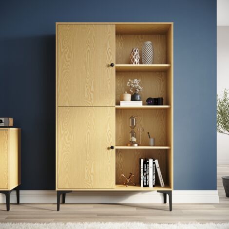 Sirhona – Vitrine moderne semi-ouverte 8 compartiments – Dimensions 100x35x160 cm – Panneau de particules couleur chêne – Capacité 120 kg