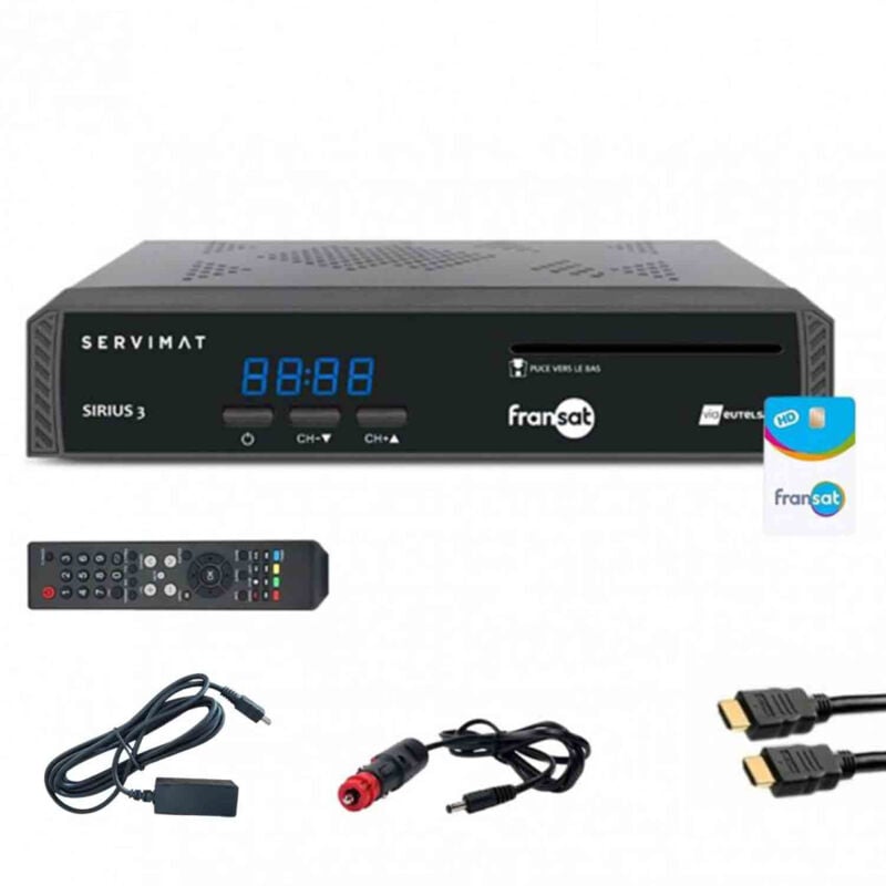 Pack Servimat Récepteur tv satellite hd + carte Fransat + Câble hdmi + Câble 12V + Déport ir