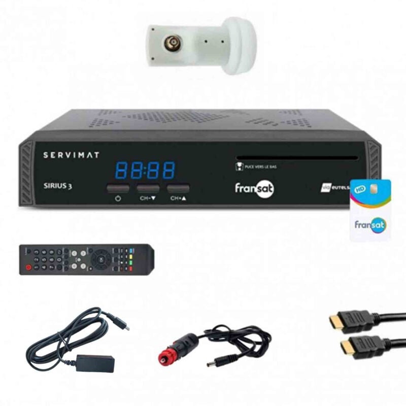 Pack Servimat Récepteur tv Satellite hd + carte Fransat + Câble hdmi + Câble 12V + Déport ir + lnb Single