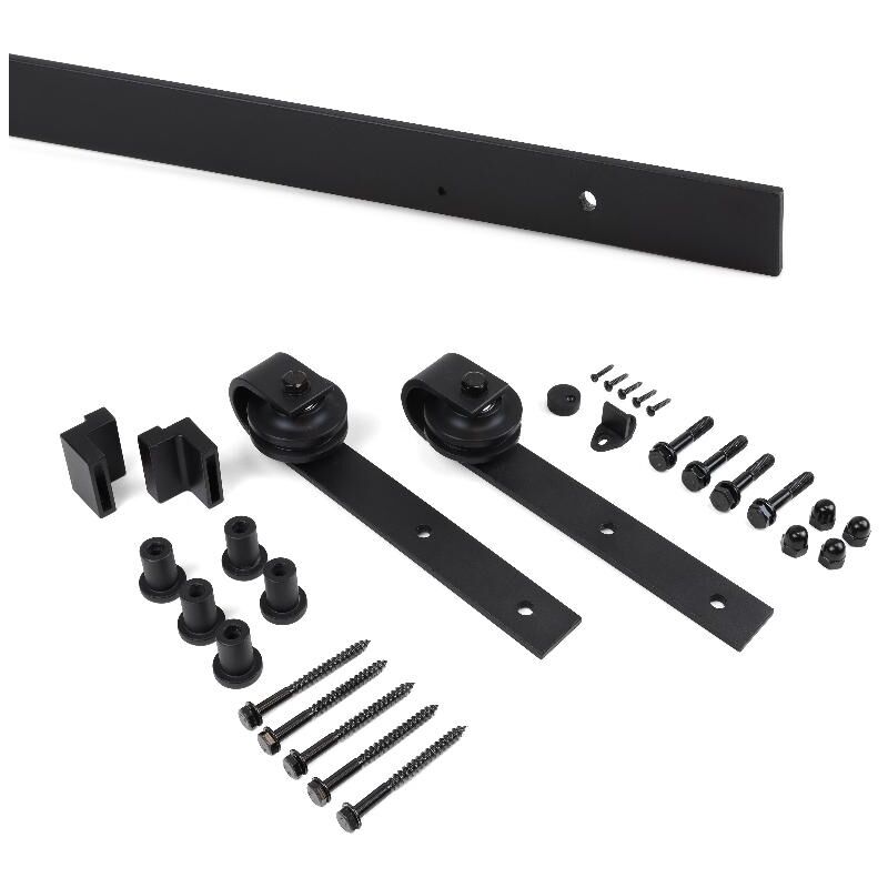 

sistema barn para puertas correderas colgadas de madera, sin cierre suave, pintado negro, acero y plástico - Emuca