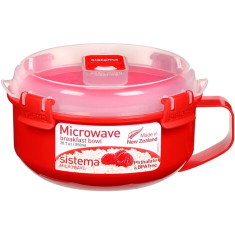 Sistema ciotola da colazione per microonde  Contenitore rotondo con coperchio  850 ml  Senza BPA  Rosso /Trasparente  1 pezzo
