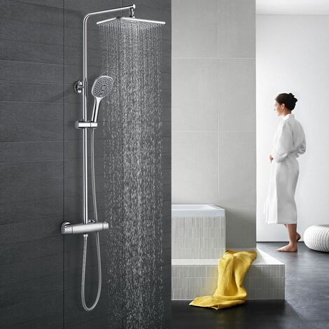 Sistema de Ducha con Barra Adjustable (75~125 cm) Columna de ducha con Ducha de Mano y Ducha de Lluvia Agua Fría y caliente Latón