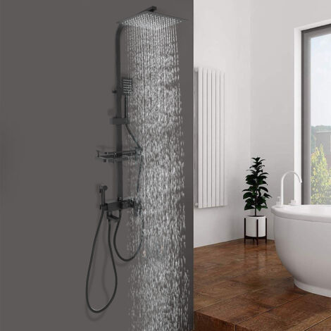 Sistema de ducha Panel de ducha con 4 modos Juego de ducha tipo lluvia Con estante Termostato Manguera de ducha Acero inoxidable negro