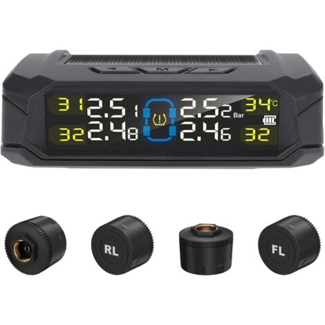 Sistema de monitoreo de presión de neumáticos para automóvil con energía solar, pantalla LCD, 6 modos de alarma y 4 sensores internos monitoreo de presión de neumáticos en tiempo real.