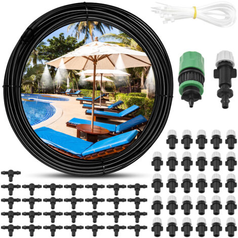 Sistema de nebulización de refrigeración exterior con manguera de 30 m y 16 boquillas de latón, ideal para patios, jardines, invernaderos, camas elásticas y parques acuáticos.