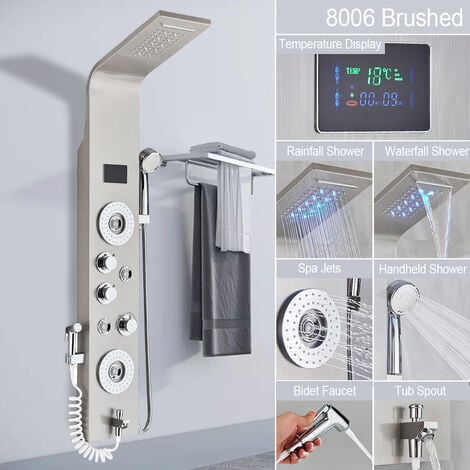 Sistema de panel de ducha LED con chorros de masaje, columnas de ducha hidromasaje en cascada, set de ducha,8006 oro