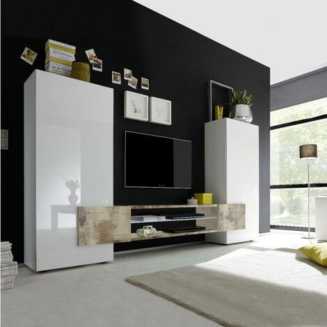 main image of "Sistema de pared para sala de estar Dmora, mueble de TV con muebles altos y estantes, sala de estar moderna completa, Made in Italy, 258x37xh144 cm, color blanco y pera"