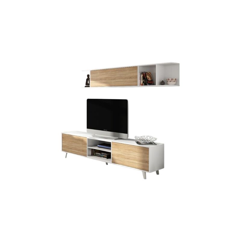 

Mueble de TV para el salón 180 cm blanco brillante y roble canadian | color
