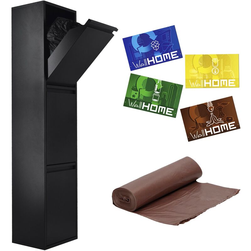 

Wellhome - Sistema de Reciclaje de Acero de 3 Cubos Multiusos, Negro, CON Set de 4 etiquetas magnéticas para reciclaje, en PVC full-color, Y Paquete