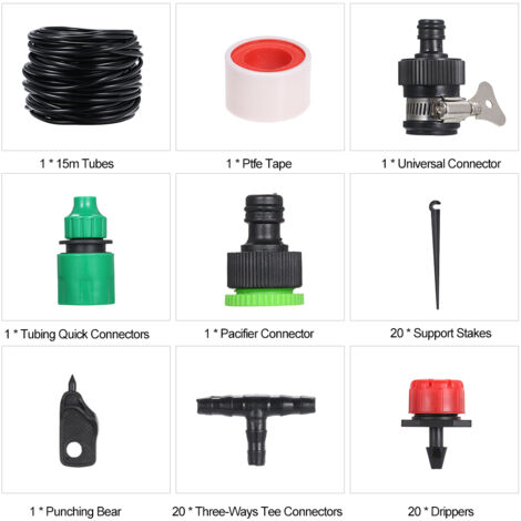 Sistema de riego por goteo automático de 15 m para bricolaje, kit de microirrigación para jardín e invernadero, 20 aspersores ajustables con manguera y conectores [Accesorios para riego de jardín]