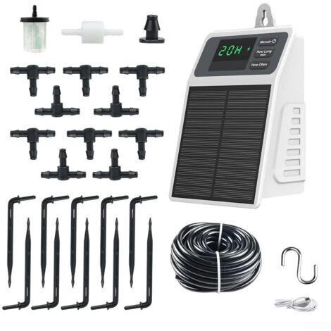 Sistema de riego por goteo con temporizador solar para el cuidado automático de las plantas, resistente al agua IPX5, caudal de 630 ml/min, apto para jardines y plantas en maceta.