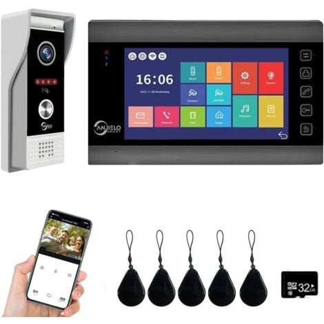 Sistema di videocitofono, videocamera WiFi con monitor da 7", campanello cablato, telecamera 1080P, supporta l'ingresso con tessera magnetica e rilevamento del movimento, audio