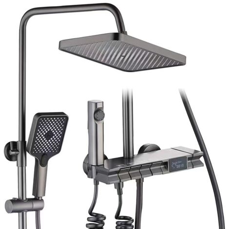 Sistema doccia con termostato, soffione quadrato, 4 tipi di getto, altezza regolabile, con display LED