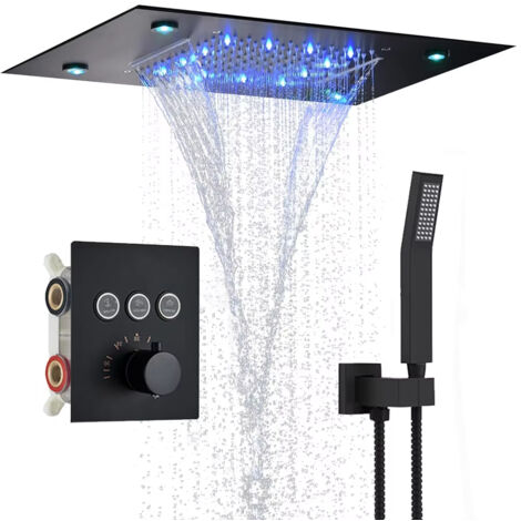 Sistema doccia termostatico a pioggia con display digitale, soffione a cascata a LED e doccetta, nero