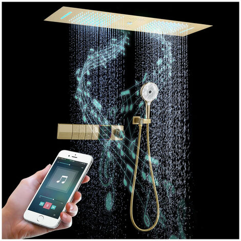 Sistema Doccia Termostatico Musicale, 300x900mm LED 64 Colori 4 Funzioni Colonna Doccia a Incasso, Pioggia, Cascata, colonna d'acqua, Doccetta a 3 funzioni,Corpo termostatico in ottone（Oro spazzolato）