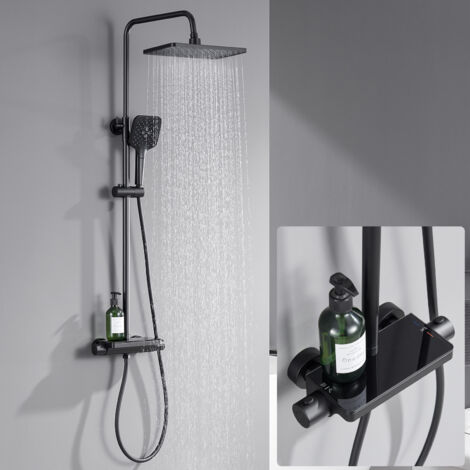 Sistema doccia termostatico, soffione doccia in acciaio inox con doccetta a 3 funzioni, soffione e mensola per bagno, nero