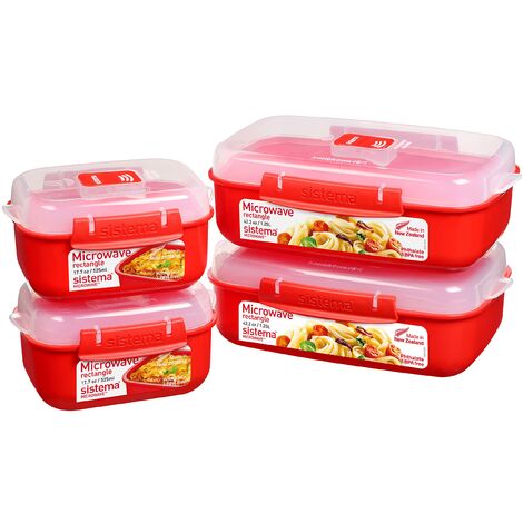 Sistema Heat and Eat Microwave Set  4 Contenitori alimentari rettangolari con coperchi (2 x 1,25 L + 2 x 525 ml)  Clip e sfiato per il vapore  Privi di BPA