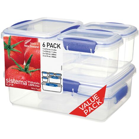 Sistema KLIP IT contenitori per alimenti a più pezzi  Lunch box impilabili con coperchi a tenuta stagna  Privi di BPA  Clip blu  Dimensioni assortite  6 pezzi